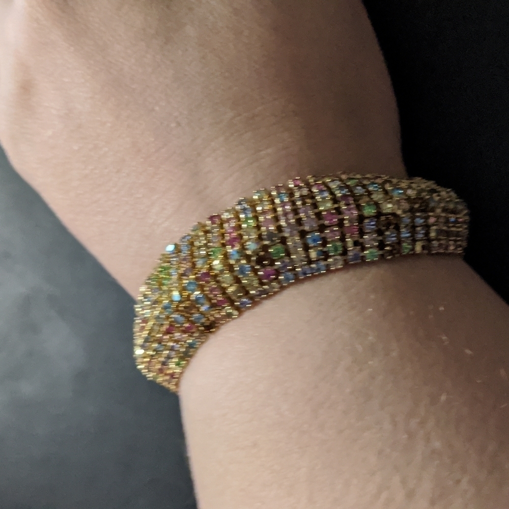 Vintage ABJ Gold Tone Multi Color Rhinestone Domed Statement Bracelet
